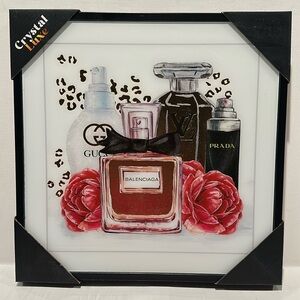 Crystal Luxe Designer Inspired Hanging Wall Painting w/Perfumes and Rose Scene.